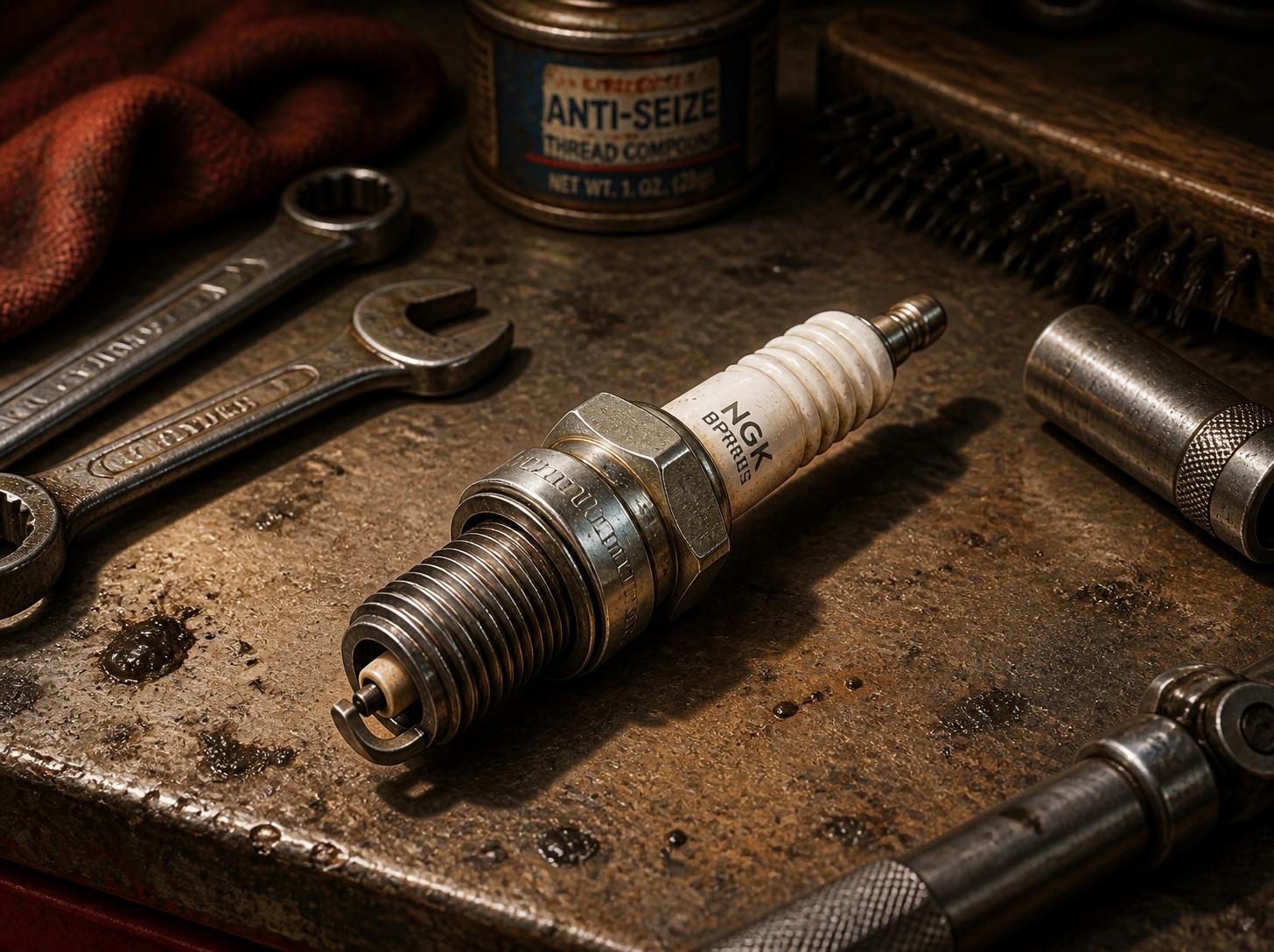 Industrial gas engine spark plug and maintenance tools representing CHP plant parts and correct spare specification.